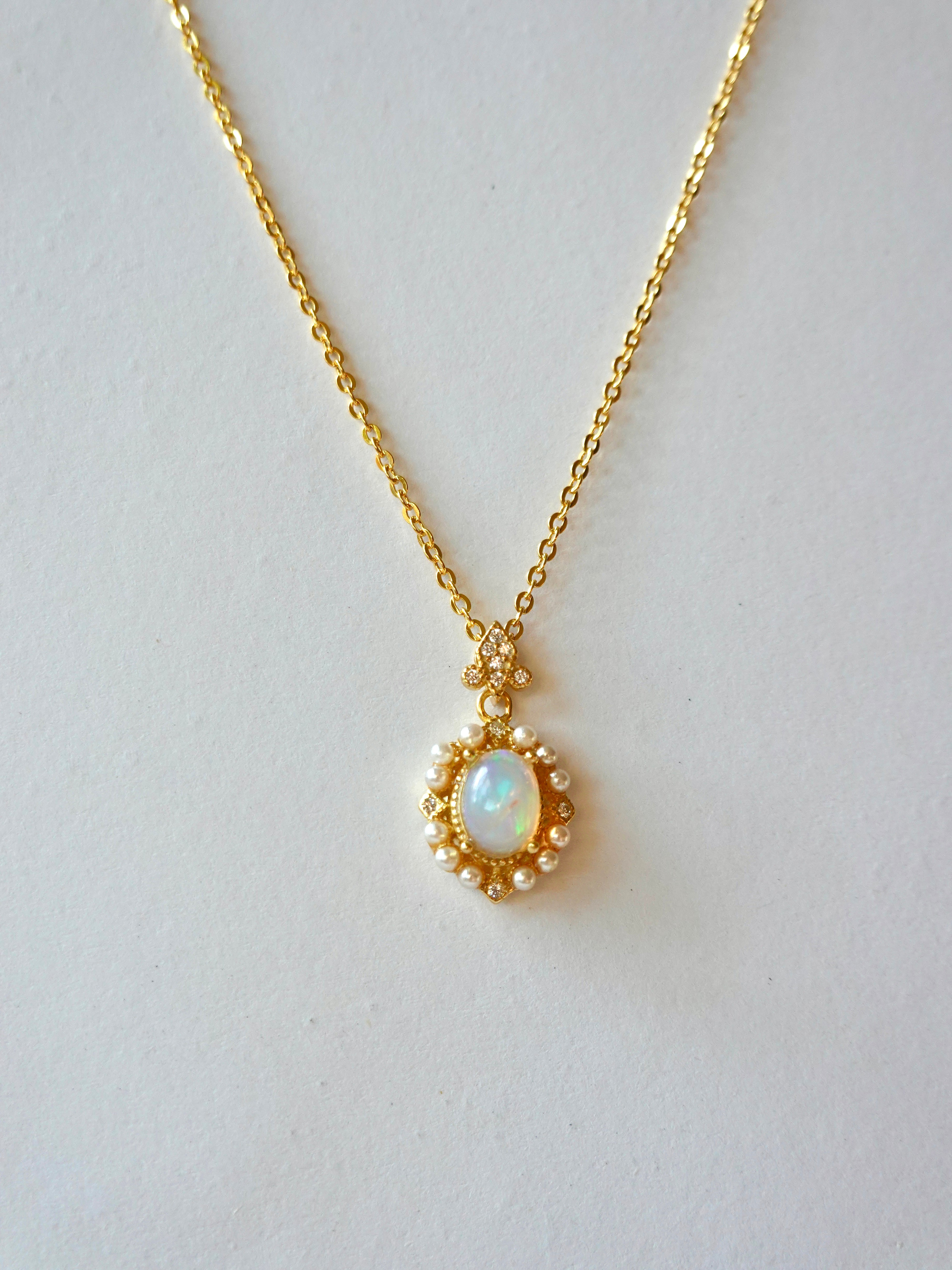 Natural Opal & Pearl Halo Pendant Necklace