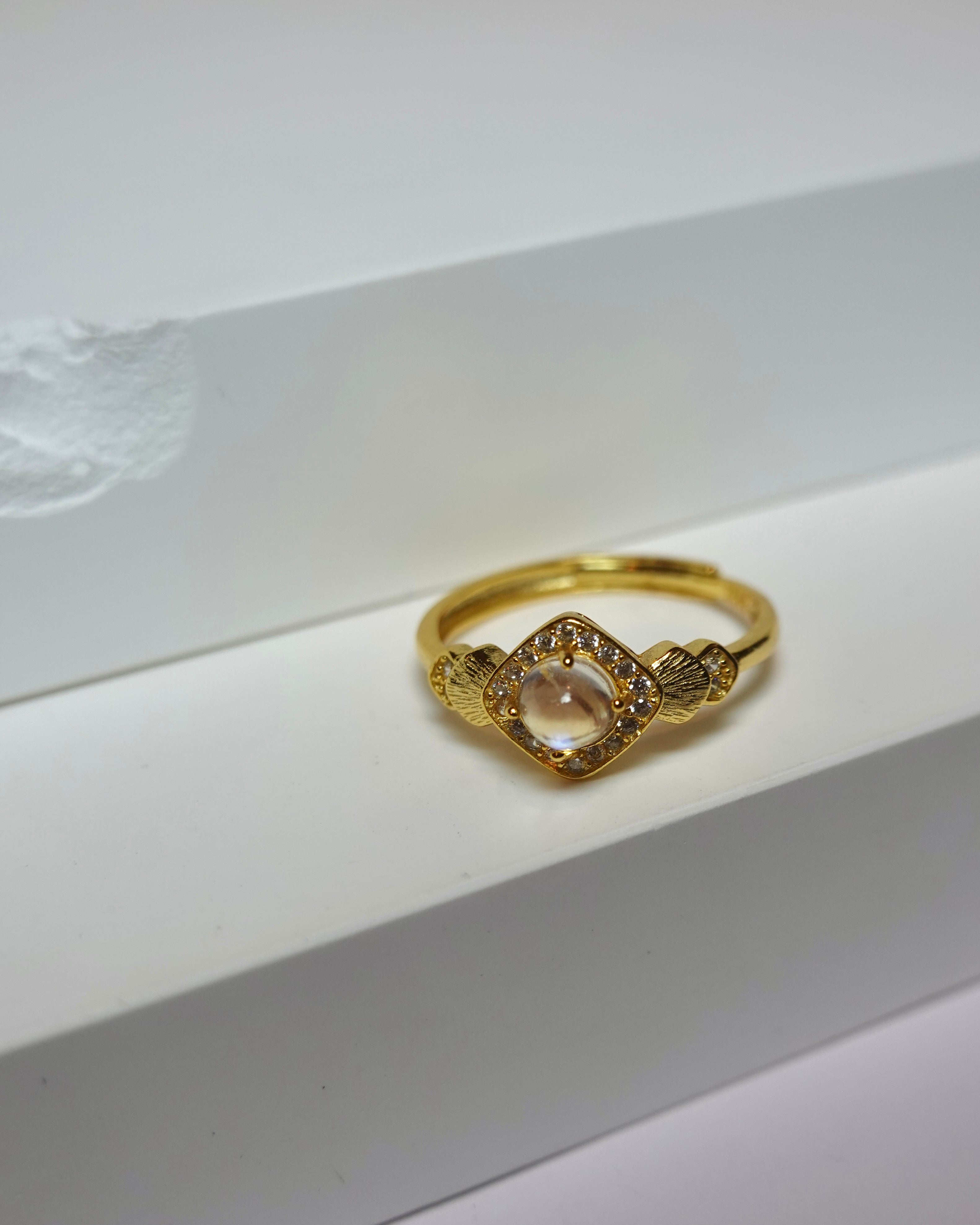 Moonstone Square Halo Ring (Gold Finish)