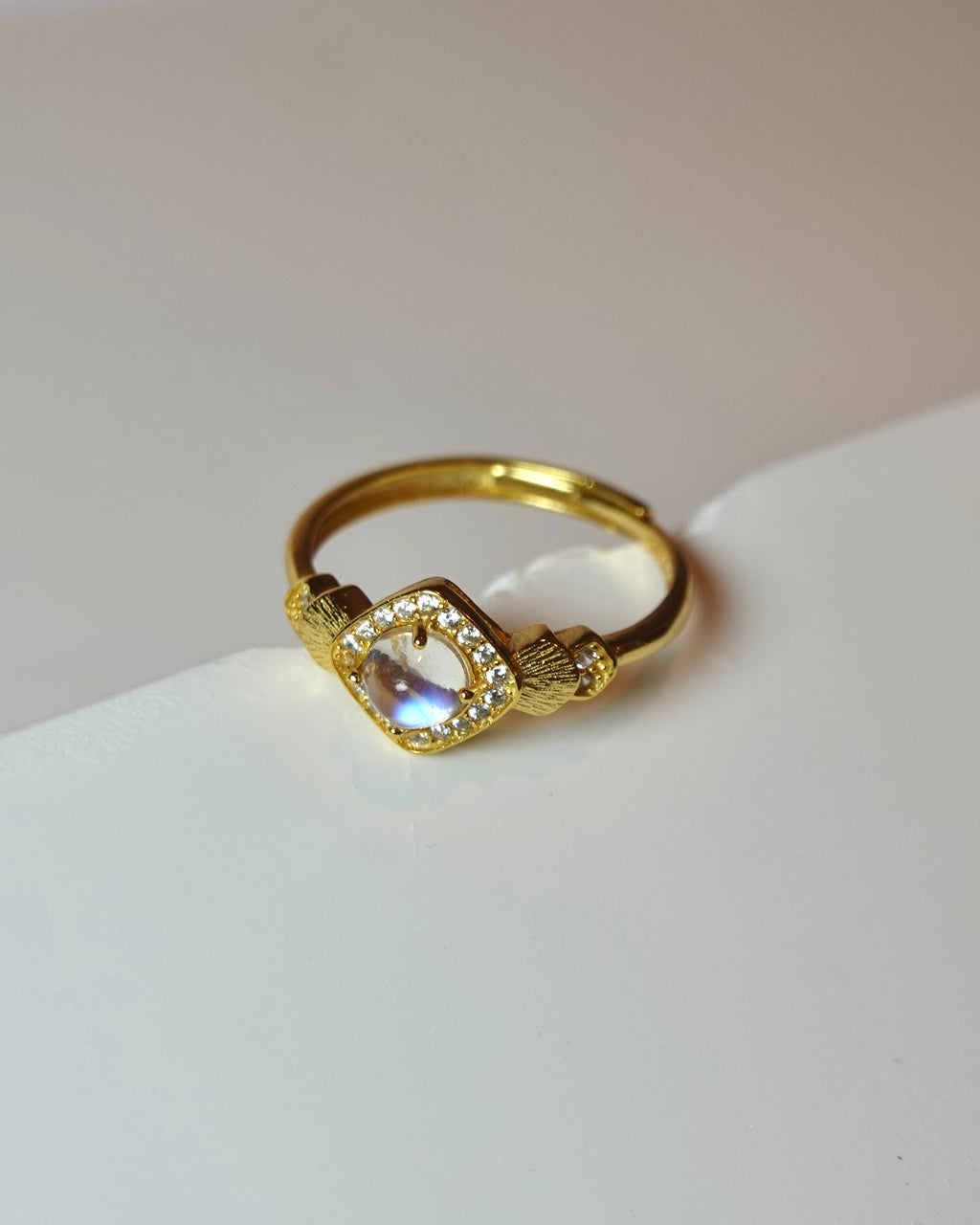 Moonstone Square Halo Ring (Gold Finish)