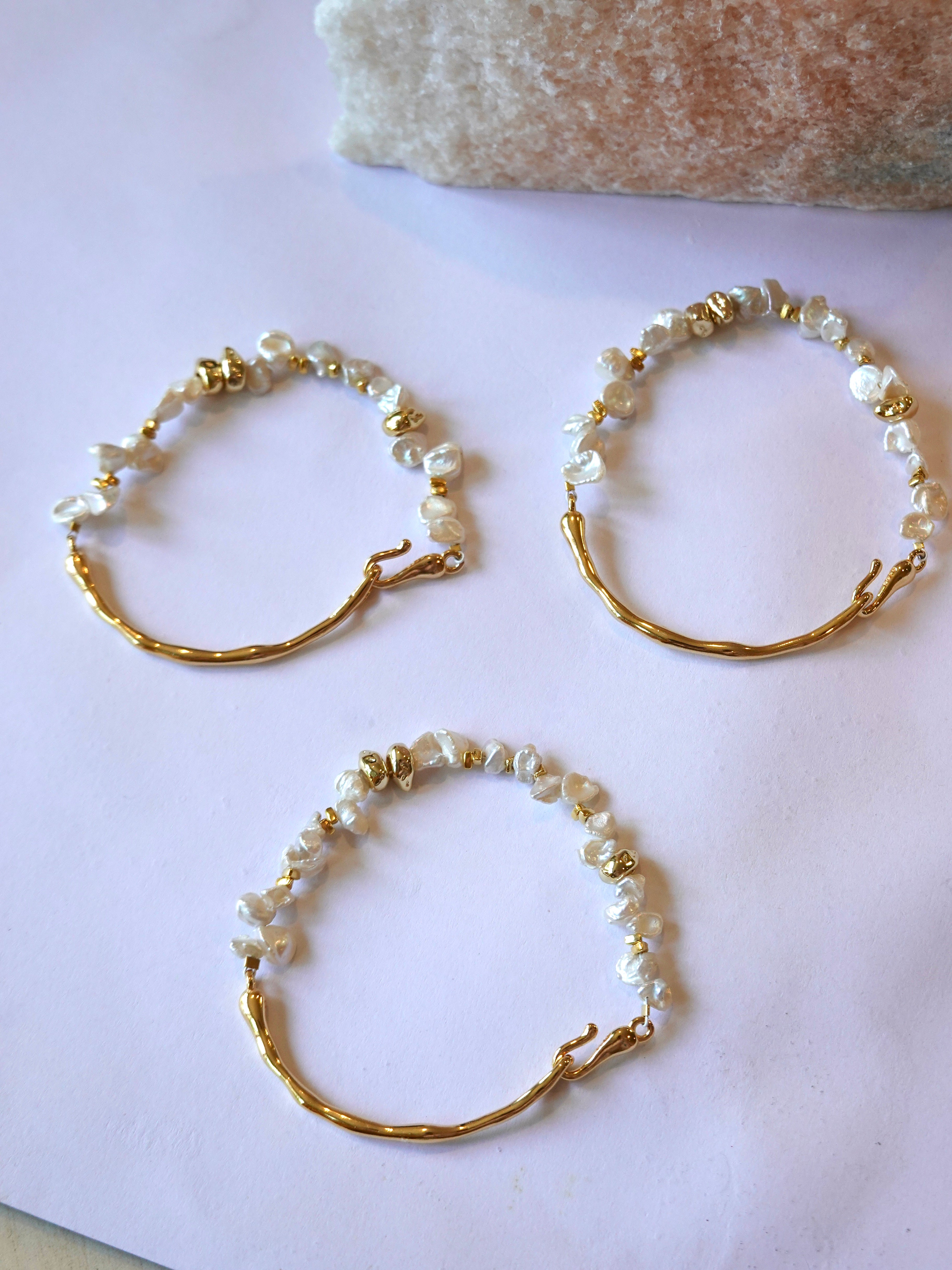 Signature Petal Pearl Half-Bangle Bracelet (Gold)