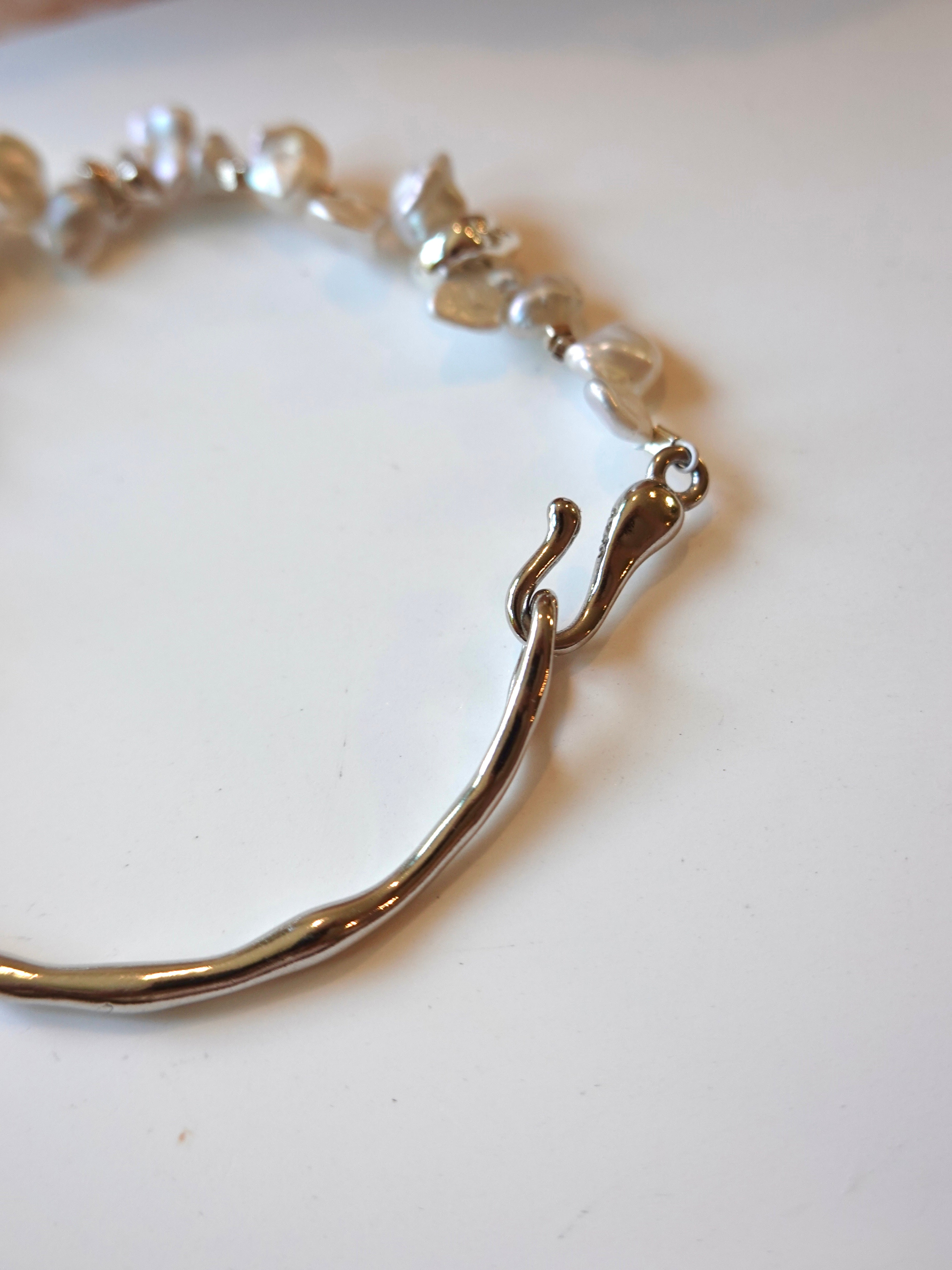 Signature Petal Pearl Half-Bangle Bracelet (Silver)
