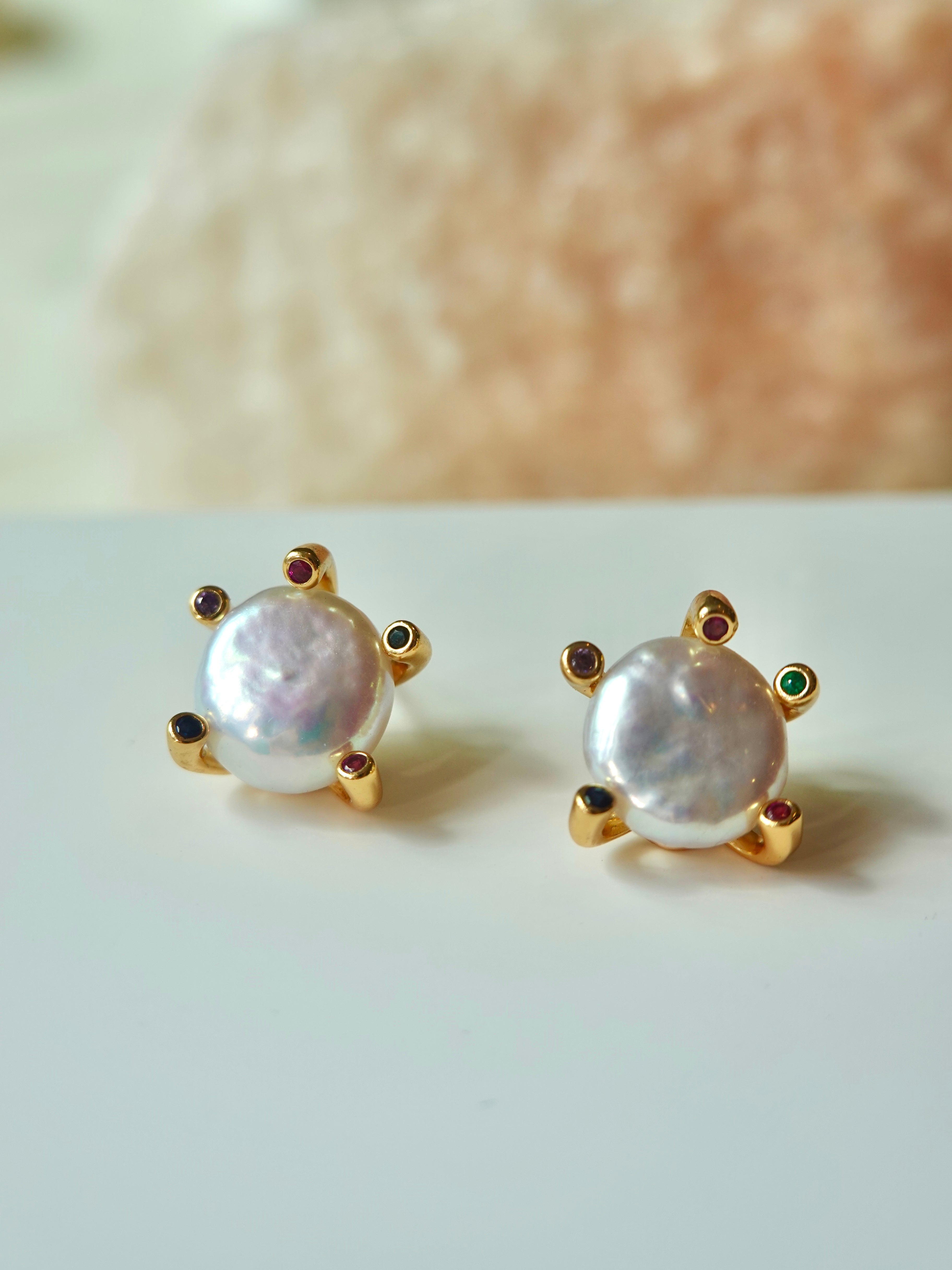 Rainbow Prong Pearl Earrings