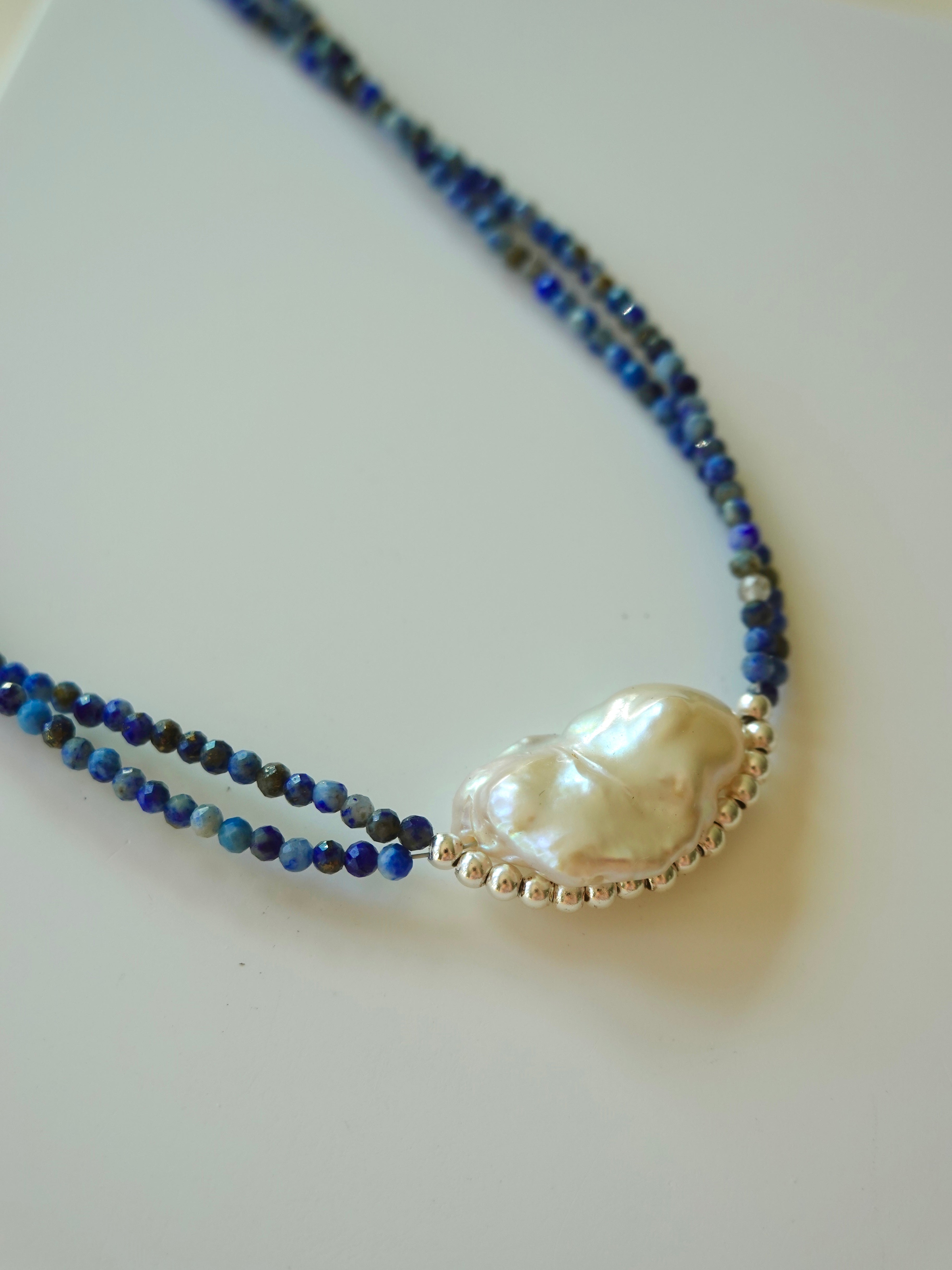 Double-Wrap Lapis & Baroque Pearl Necklace
