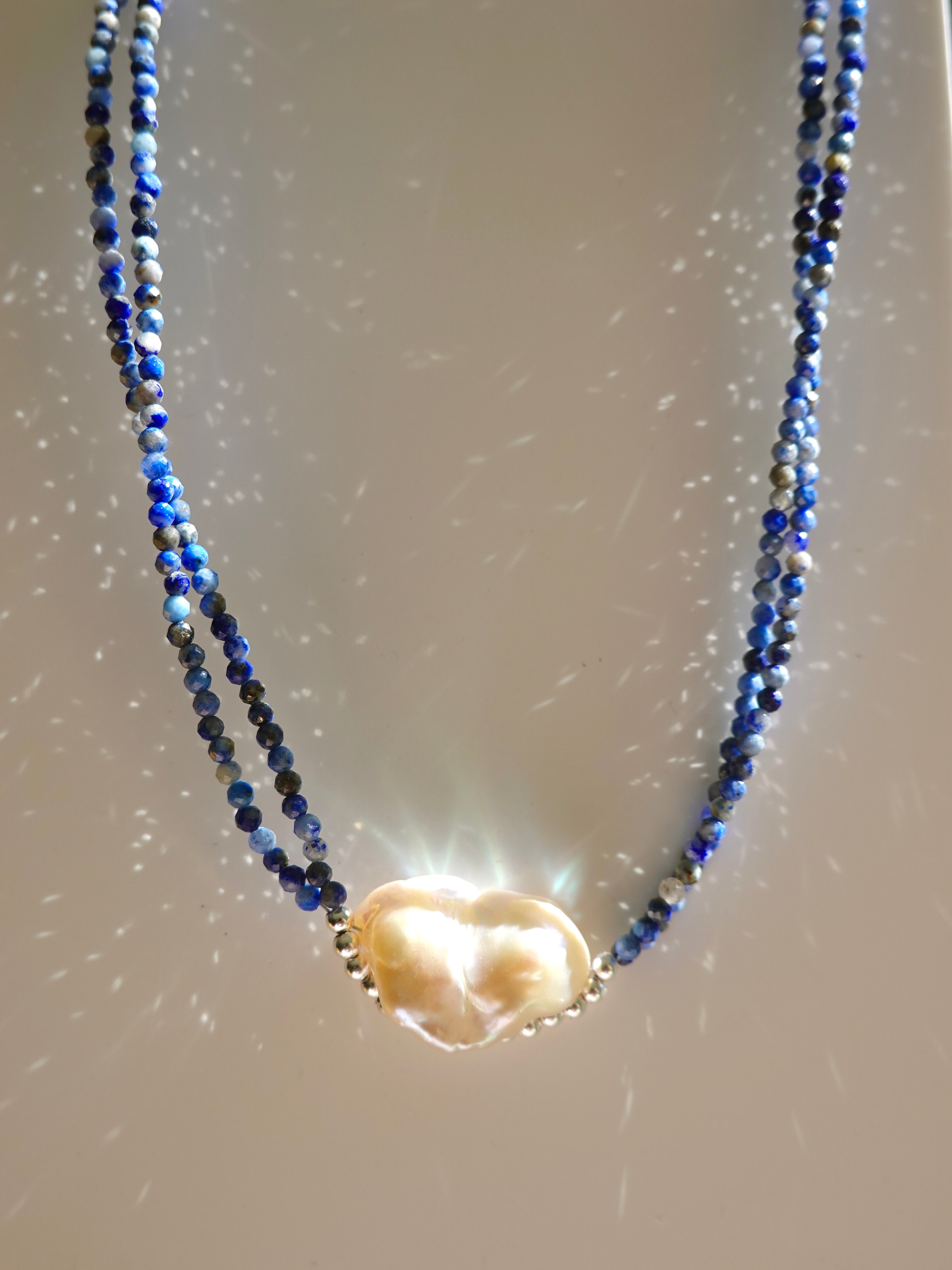 Double-Wrap Lapis & Baroque Pearl Necklace