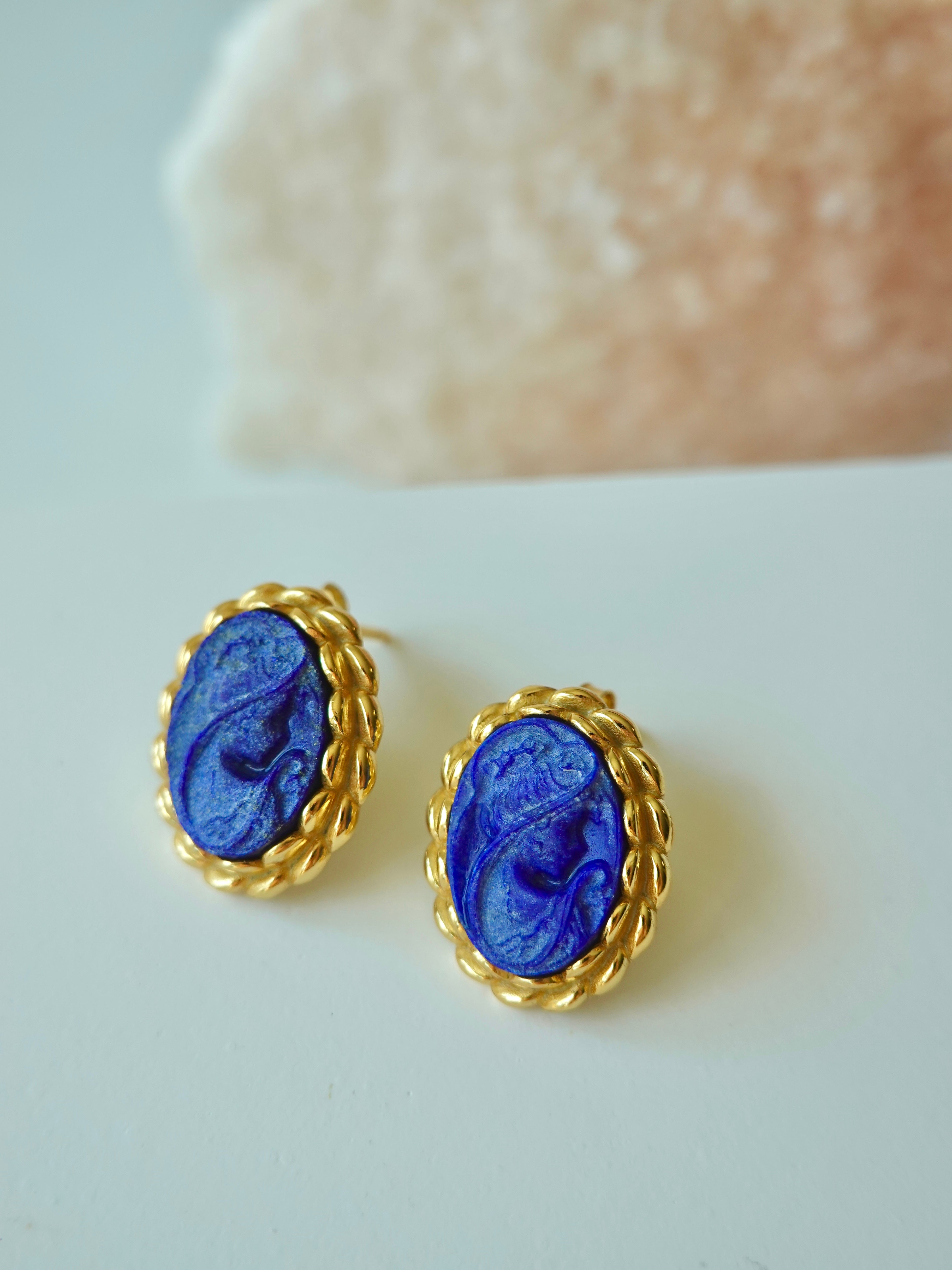 Lapis Cameo Earrings